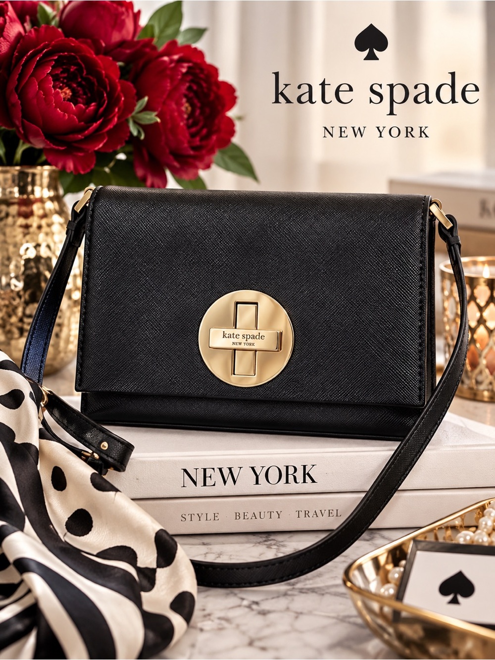 kate spade Newbury Lane Sally Black Crossbody Bag with Gold Turn-Lock